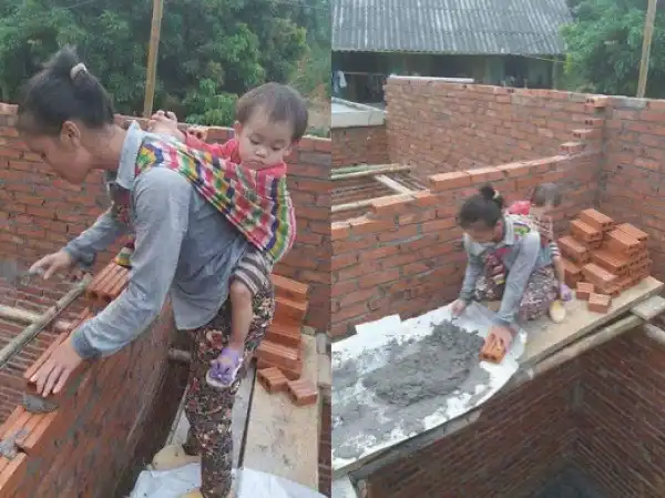 Check out photos of a woman building a house with her baby strapped to her back